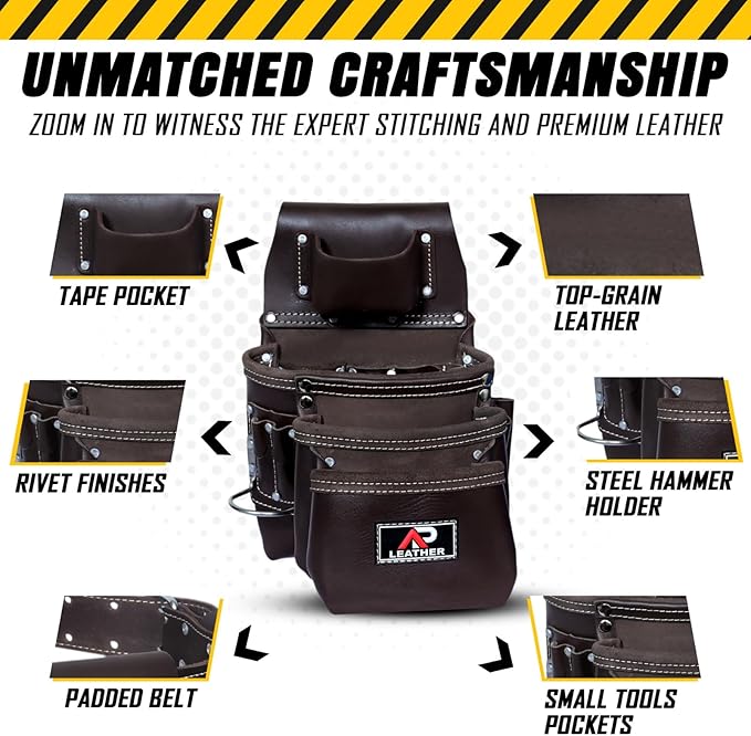 Pro-015 Leather Tool Pouch for Construction,Heavy Duty Hammer Holder,Buckle,3 Pocket Large with Belt, 12 Small Pocket, Tool Organizer