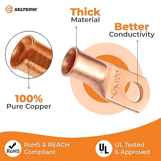 SELTERM 2pcs 2 AWG 5/16" Stud Copper Wire Lugs, Battery Lugs, Ring Terminals, Battery Cable Ends, 2 Gauge Ring Terminal Connectors, UL Heavy Duty Bare Copper Eyelets Battery Terminal Connectors