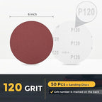 HARFINGTON 50 Pcs 6 Inch Sanding Disc 120 Grit Hook and Loop Sandpaper Random Orbital Sander Pads for Woodworking Automotive Metal Polishing