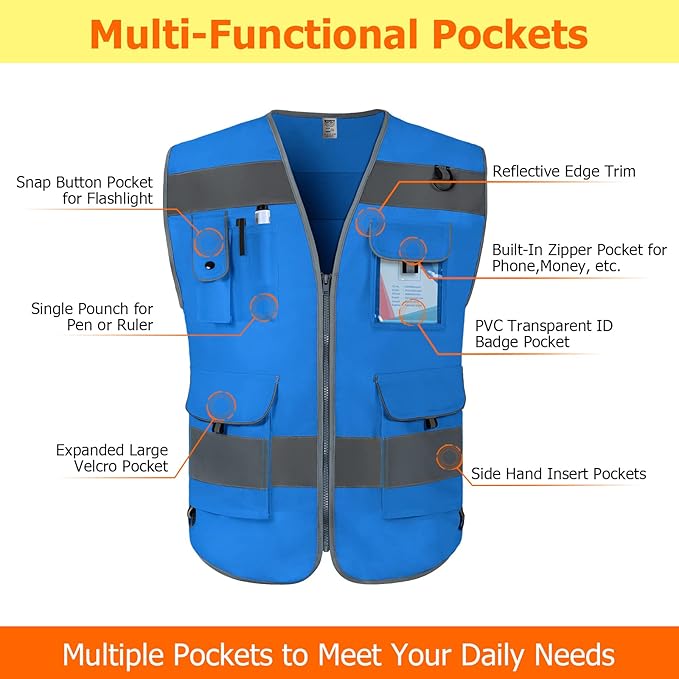 TCCFCCT High Visibility Safety Vest for Men Women 9 Pockets Hi Vis Reflective Vest for Safety, Work Vest with Reflective Strips, Meets ANSI/ISEA Standards, (Blue, 4X-Large)