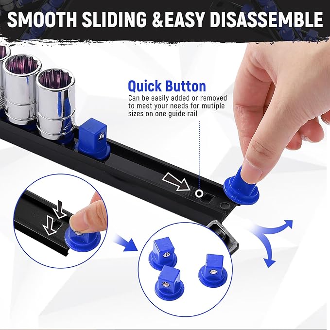 Magnetic Socket Organizer, 3-Piece Heavty Duty ABS Socket Holder, Socket Rail for Tool Box, Premium Quality 360° Swivel Socket Rack with 42 Clips for 3/8-Inch(Blue)