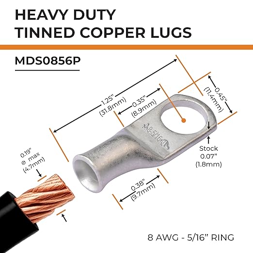 SELTERM 2pcs 8 AWG 5/16" Stud Tinned Copper Wire Lugs, Battery Lugs, Ring Terminals, Battery Cable Ends, 8 Gauge Ring Terminal Connectors, UL Marine Grade Electrical Battery Terminal Connectors