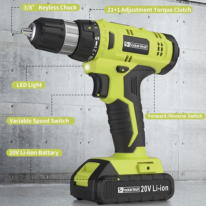 Cordless Drill Set, 20V Electric Power Drill with Battery And Charger, Torque 30N, 21+1 Torque Setting, 3/8-Inch Keyless Chuck, Drill Driver Bits Kit, with LED Electric Drill Set. （green)