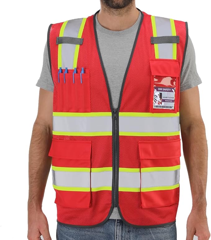 Dib Safety Reflective Mesh Vest High Visibility Two Tone with Pockets and Zipper, Red Mesh with Yellow Trim M