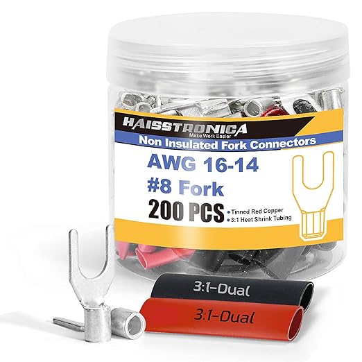 haisstronica Non Insulated Wire Connectors Kit，100pcs #8 Fork Terminals (AWG 16-14) with 100pcs 3:1 Heat Shrink Tubing for Automotive Marine，Brazed Seam Wire Crimp terminals