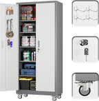 71" H×32" W×16" D Garage Storage Cabinet with Wheels & Pegboard, Locking Metal Storage Cabinet with Doors and 5 Adjustable Shelves & & 4 Hooks for Garage Warehouse Home Office, White and Gray