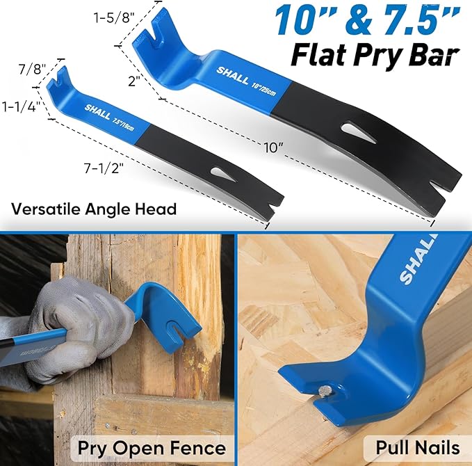 SHALL 4-Piece Pry Bar Set, 12-Inch Cats Paw Nail Puller, 10-Inch & 7.5-Inch Flat Claw Pry Bars, 8-Inch End Cutting Pliers, Utility Wonder Crowbar, Nail Remover Tool for Baseboard, Floor, Nails Removal