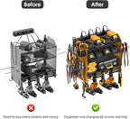 CCCEI Modular Pegboard Rack Power Tool Organizer with Charging Station. 4 Layer Wall Mount Drill Holder, Yellow Tool Battery Charger Organizer. Garage Shop Storage Utility Shelf with Power Strip.