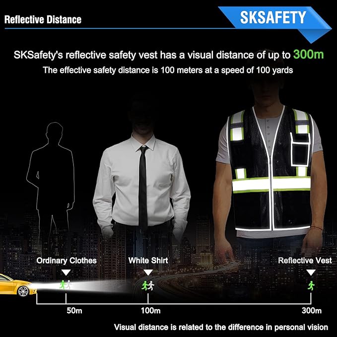 SKSAFETY 10 Pockets Safety Vest, Class 2 High Visibility Security with Zipper Double-sided mesh, Hi Vis Vest with Reflective Strips, ANSI/ISEA Standard, Construction Work Vest （Black, XL）