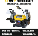 Digital Display 8 Inch Variable Speed Bench Grinder, 3/4HP 5.0 Amp Power Bench Grinder with Work Light, Adjustable Tool Rest and Cast Iron Base for Knife, Chisel