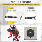 VEVOR 50FT x 1/2 Inch Drain Cleaning Machine, 250W Electric Drain Auger, Portable Sewer Snake Auger Cleaner with Cutters & Air-Activated Foot Switch for 1" to 4" Pipes, Black, Red