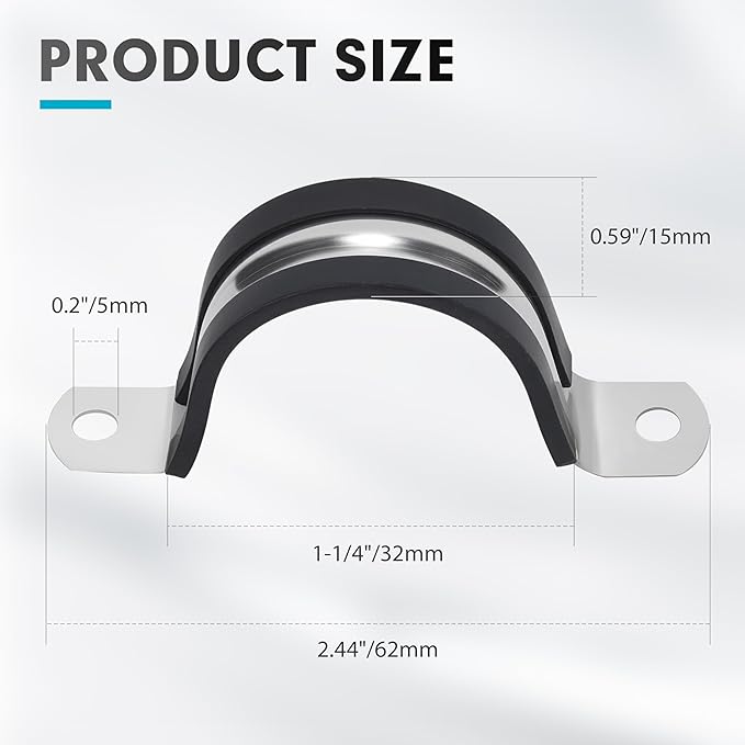 1-1/4 Inch 10 PCS 2 Holes Rubber Cushioned U Bracket Clamp, Reinforced Rigid Pipe Strap, Stainless Steel Conduit Straps Cable Clamp (32 mm) by Tavonuxt