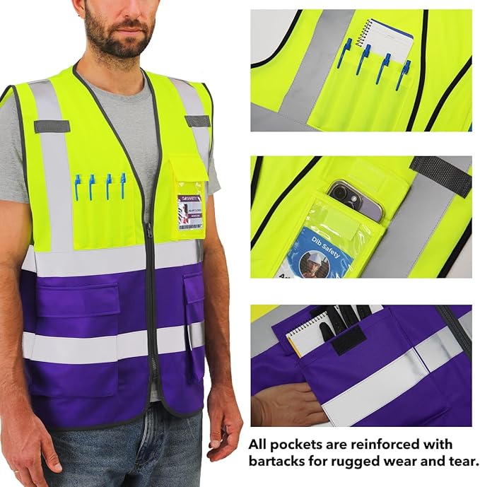Dib Safety Reflective Vest High Visibility with Pockets and Zipper, Yellow and Purple 4XL