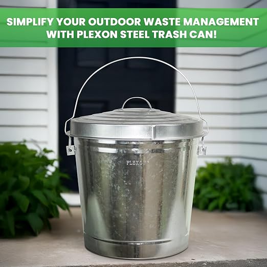 Plexon Metal Trash Can with Locking Lid Outdoor Storage Bucket for Bird Seed Ash Galvanized Steel 10-Gallon 6 Pack