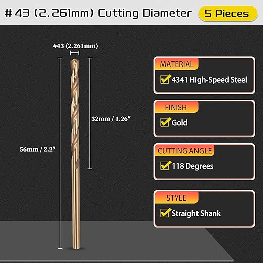 Drill Bit, #43 Cutting Diameter, 4341 HSS Gold Finish 118° Cutting Angle Number Jobber Bits - (Applications: for Drilling Soft Metal Plastic Wood), 5-Pieces