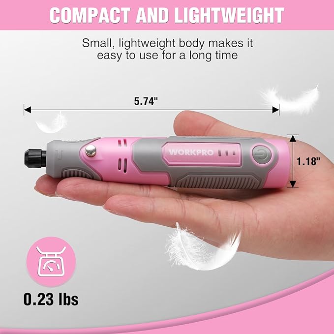 WORKPRO Cordless Rotary Tool Kit with 71pcs Accessories, 3 Variable Speeds, USB Rechargeable Mini Rotary Tool for Engraving, Sanding, Polishing, Carving, Cutting, DIY Crafts - Pink Ribbon