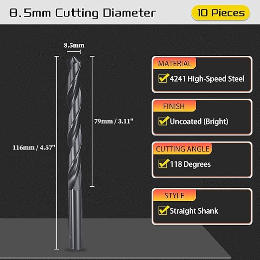 Drill Bit, 8.5mm Cutting Diameter, 4241 HSS Nitriding Black 118° Cutting Angle Versatile Jobber Bits - (Applications: for Drilling Plastic Wood Soft Metal), 10-Pieces