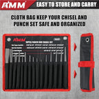 AMM 16PCS Punch and Chisel Set, including Taper Punch, Cold Chisels, Pin Punch and Center Punch, Cr-V for Working with Wood, Metal, Automotive