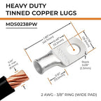 SELTERM 2pcs 2 AWG 3/8" Stud (Wide Pad) Tinned Copper Wire Lugs, Battery Lugs, Ring Terminals, Battery Cable Ends, 2 Gauge Ring Terminal Connectors, UL Marine Grade Battery Terminal Connectors