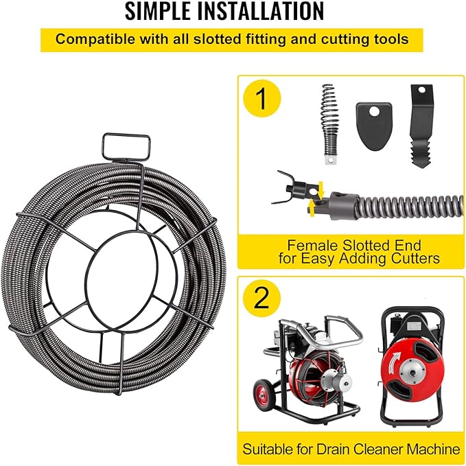 VEVOR Drain Cleaning Cable 75ft x 3/8 inch Solid Core Cable Sewer Cable, Drain Auger Cable Cleaner, Snake Clog Pipe Drain Cleaning Cable W/Four Shapes of Cutters