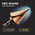 M35 Cobalt Step Drill Bit Set with Automatic Center Punch, 1/8" to 1-3/8", 6 PCS Step Drill Bit for Stainless Steel, Metal, Aluminum, Copper, Wood, PVC