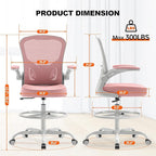 Ergonomic Drafting Chair, Tall Office Chair with Flip-up Armrests, Breathable Mesh High Desk Chair with Lumbar Support Adjustable Footrest Ring for Standing Desk Pink