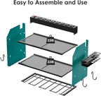 CCCEI Modular Power Tool Organizer Wall Mount with Charging Station. Garage 4 Drill Storage Shelf with Hooks, Drill Bit Heavy Duty Rack, Navy Blue Tool Battery Holder Built in 8 Outlet Power Strip.