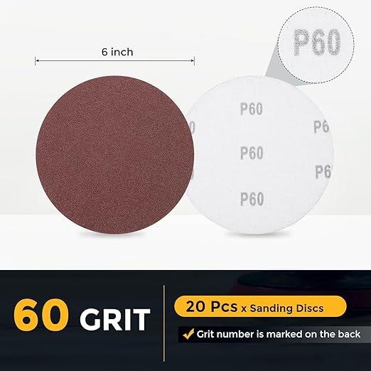 HARFINGTON 20 Pcs 6 Inch Sanding Disc 60 Grit Hook and Loop Sandpaper Random Orbital Sander Pads for Woodworking Automotive Metal Polishing