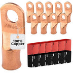 SELTERM 10pcs - 4/0 Awg - 1/2" Stud - Battery Lugs - Ring Terminal Connectors | with 12pcs 3:1 Black & Red Heat Shrink Tubing with Adhesive | Heavy Duty Battery Cable Ends - Bare Copper Wire Lugs Kit