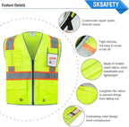 SKSAFETY 10 Pockets Safety Vest, Class 2 High Visibility Security with Zipper Double-sided mesh, Hi Vis Vest with Reflective Strips, ANSI/ISEA Standard, Construction Work Vest （Lime, 3XL）