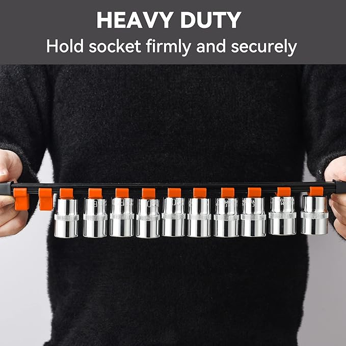 ALOANES 3 PC ABS Socket Organizer, 3/8 inch, Drive Socket Rail Holders, Heavy Duty Socket Racks, Black Rails with Orange Clips