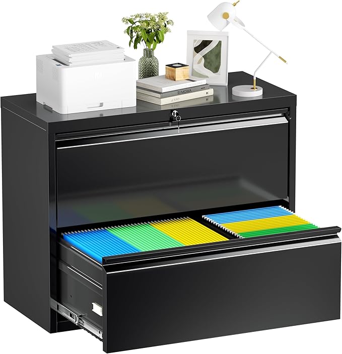 Superday Lateral File Cabinet 2 Drawer Metal File Cabinet with Lock, Black Filing Cabinets for Home Office, Locking Filing Cabinets Hanging Files Letter/Legal/F4/A4