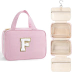 TOPEAST Gifts for Friends - Friendship Gifts for Women, Travel Toiletry Bag for Women, Hanging Toiletry Bag, Monogrammed Initial Tolietry Pouch Makeup Bag - Letter F, Pink