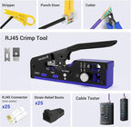 VCELINK Ethernet All-in-One RJ45 Crimp Tool Kit, Cat6/7 Crimping Tool Kit With Cable Tester,Wire Stripper, Cutters,Punch Down Tools, 25Pcs Cat 6 Connectors and Strain Relief Boots for DIY