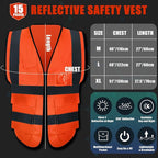 15 Pack Reflective Safety Vests with Pockets and Zipper High Visibility Vest Construction Work Vest for Men Women(Orange Red, X-Large)