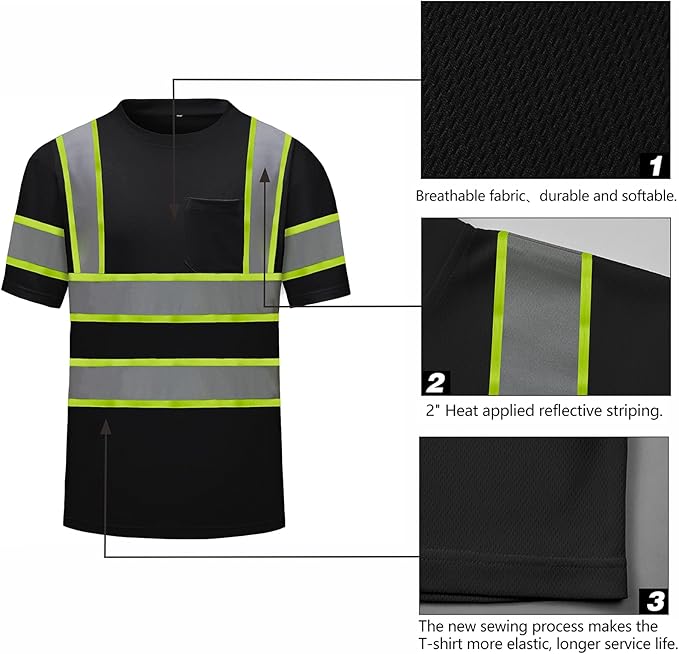 High Visibility Shirts Quick Dry Safety T Shirts with Reflective Strips and Pocket Short Sleeve Mesh Hi Vis Construction Work Class 2 Shirt for Men/Women Black,XL