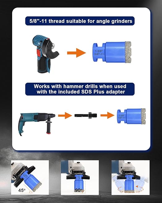 Diamond Tile Hole Saw Kit - 8Pcs 4/5'', 1'', 1-3/8'', 2'', 3'' Drill Bits Set, 4/5'' Finger Milling Bit, 2'' Beveling Chamfer Bit, SDS Adapter for Porcelain Tile Ceramic Granite Marble