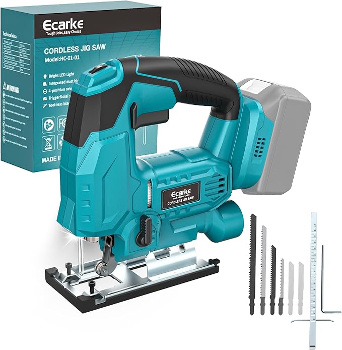 Jig Saw Compatible With Makita 18V Battery, Cordless Jigsaw Tool Brushless Motor With 6 Variable Speeds, 4 Orbital Sets, ±45° Bevel Cuts, LED Light and 6PCS Blades For Cutting (Without Battery)