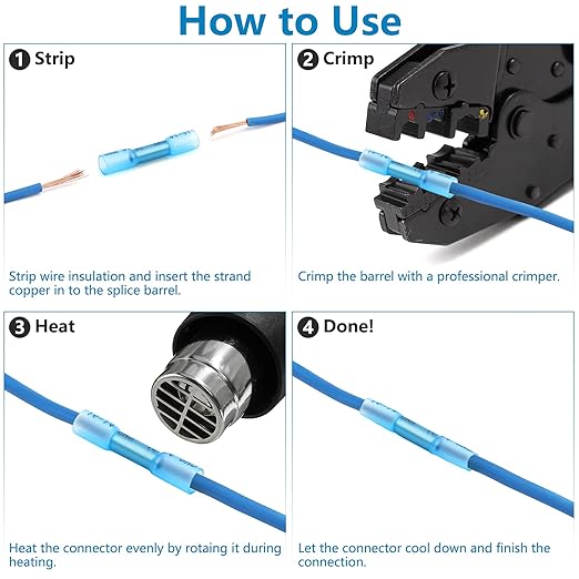 120 Pcs Heat Shrink Butt Connectors, AWG16-14 Waterproof Insulated Electrical Wire Connectors, Crimp Connectors Butt Splice Terminal for Automotive Marine Boat Truck Trailer Stereo (Blue)