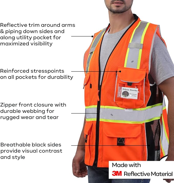 Neopelta Reflective Safety Vest Orange Mesh, Made with 3M Reflective Tape, Heavy Duty Vest with ID pocket, Padded Neck, Orange 2XL