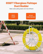 VEVOR Fiberglass Fish Tape 656 FT x 1/4 inch, Fish Tape Duct Rodder Puller with Durable Steel Stand, Non-Conductive Fishtape Wire Cable Running Rod for Walls, Floor and Electrical Conduit