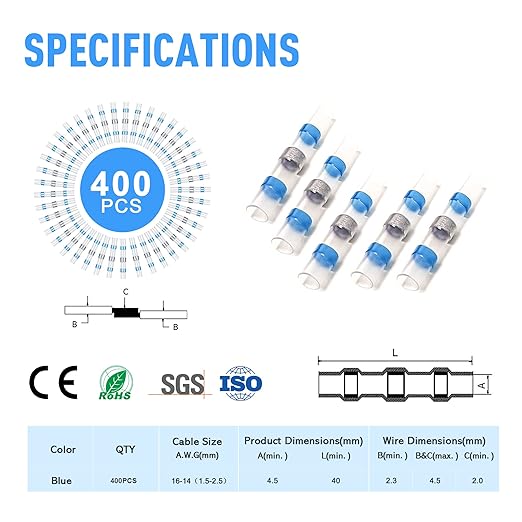 Kuject 400PCS Solder Seal Wire Connectors AWG 16-14, Blue Heat Shrink Butt Connectors Terminals Solder Sleeve Waterproof Wire Splice Connector for Marine Boat Wire Joint