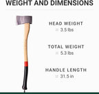 Yankee Axe - German Forester's Axe with Leather Sheath, 3.5 lb Head, Anti-Slip 31.5" Hickory Handle with Red Stripe