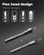 toolant 1/4“ Drive 90 Tooth Compact Flex Head Socket Ratchet Wrench (1/4",7 inch length)