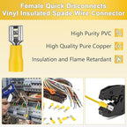 200 Pcs Yellow Female Quick disconnects Vinyl Insulated Spade Wire Connectors, Electrical Crimp Terminal 12-10 AWG (6.3mm)