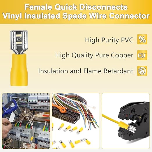 200 Pcs Yellow Female Quick disconnects Vinyl Insulated Spade Wire Connectors, Electrical Crimp Terminal 12-10 AWG (6.3mm)