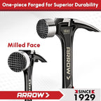 ARROW 16 oz Straight Claw Hammer, Rip Claw Hammer with Side Nail Puller, Milled Face & Shock Absorbing Grip, One-piece Forged Hammer