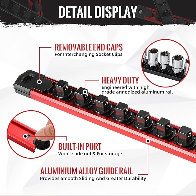 Magnetic Socket Organizer, 1-Piece Heavty Duty Aluminum Socket Holder, Socket Rail for Tool Box, Premium Quality 360° Swivel Socket Rack with 14 Clips for 1/4-Inch(Red)