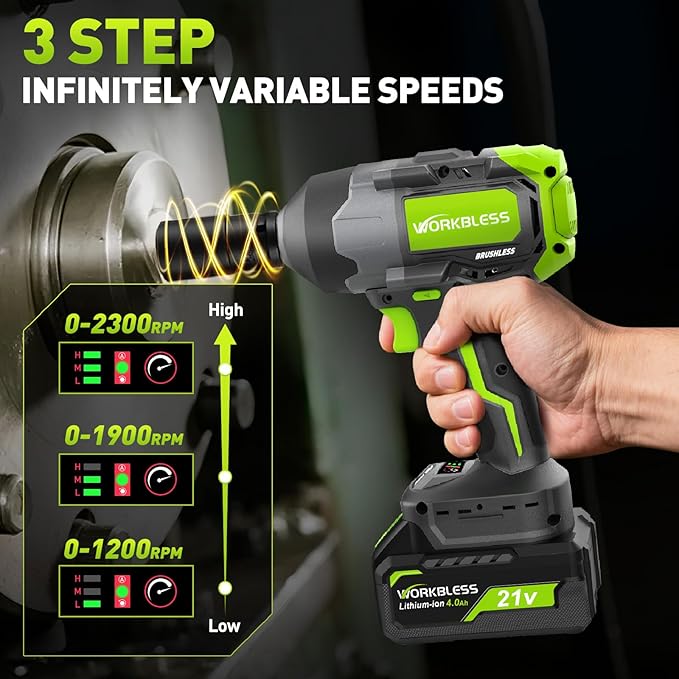 Brushless Cordless Impact Wrench 1200Nm (885Ft-lbs) High Torque, 1/2 Inch Impact Gun with 2x20V 4Ah Batteries, 3-Speed, 4 Cr-V Sockets (17/19/21/22mm) for Car Tire, Mower Lug Nut