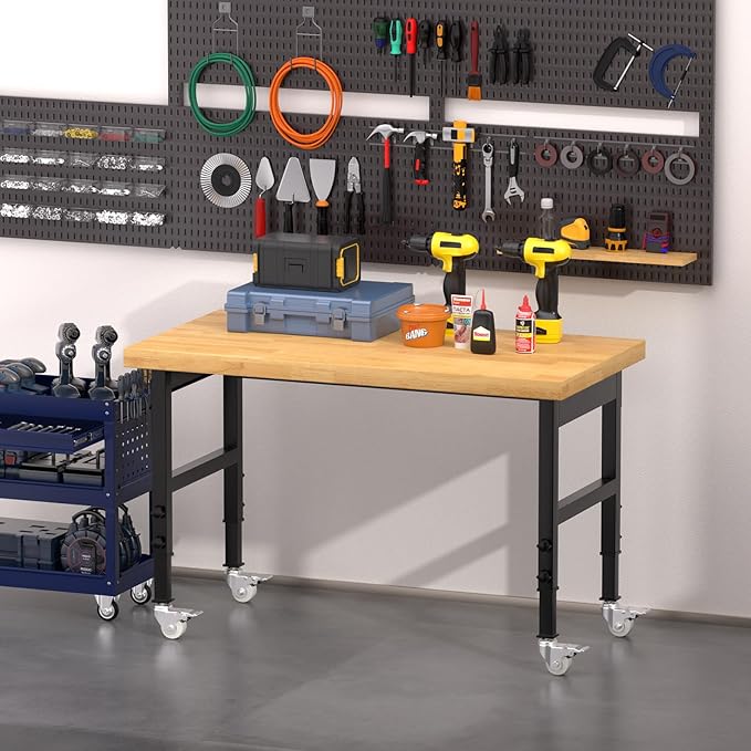 48" Work Bench, Heavy-Duty Solid Wood Workbench, Adjustable Height Work Table, 2000 LBS Capacity Workstation for Garage, Workshop, Home, Office (48" X 24")